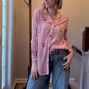 Fig and Flower Pink Button Down Shirt with Floral Design